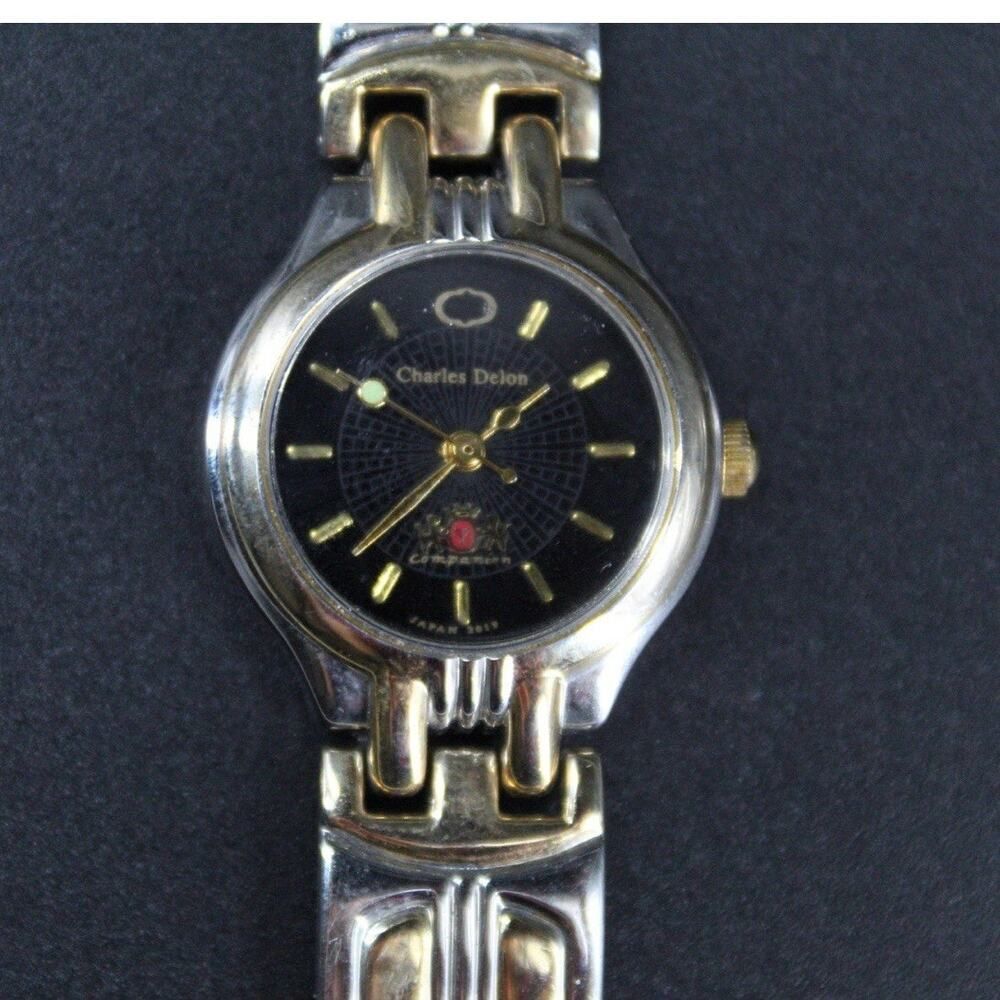 Charles Delon Black Dial Round Silver Tone Case Two Tone Band Watch New battery